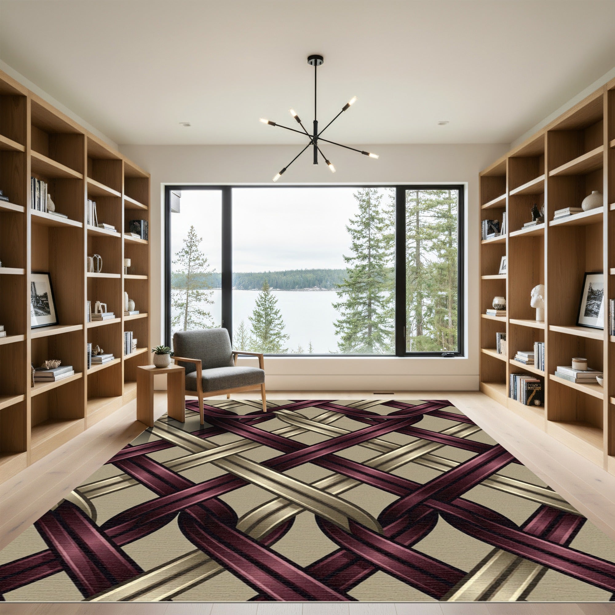 Interwoven Burgundy and Gold Lattice Rug
