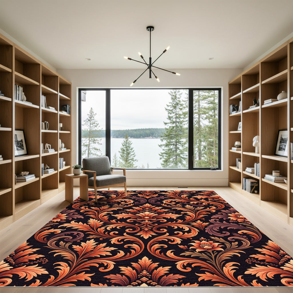 Ornate Amber Scrollwork Floral Rug