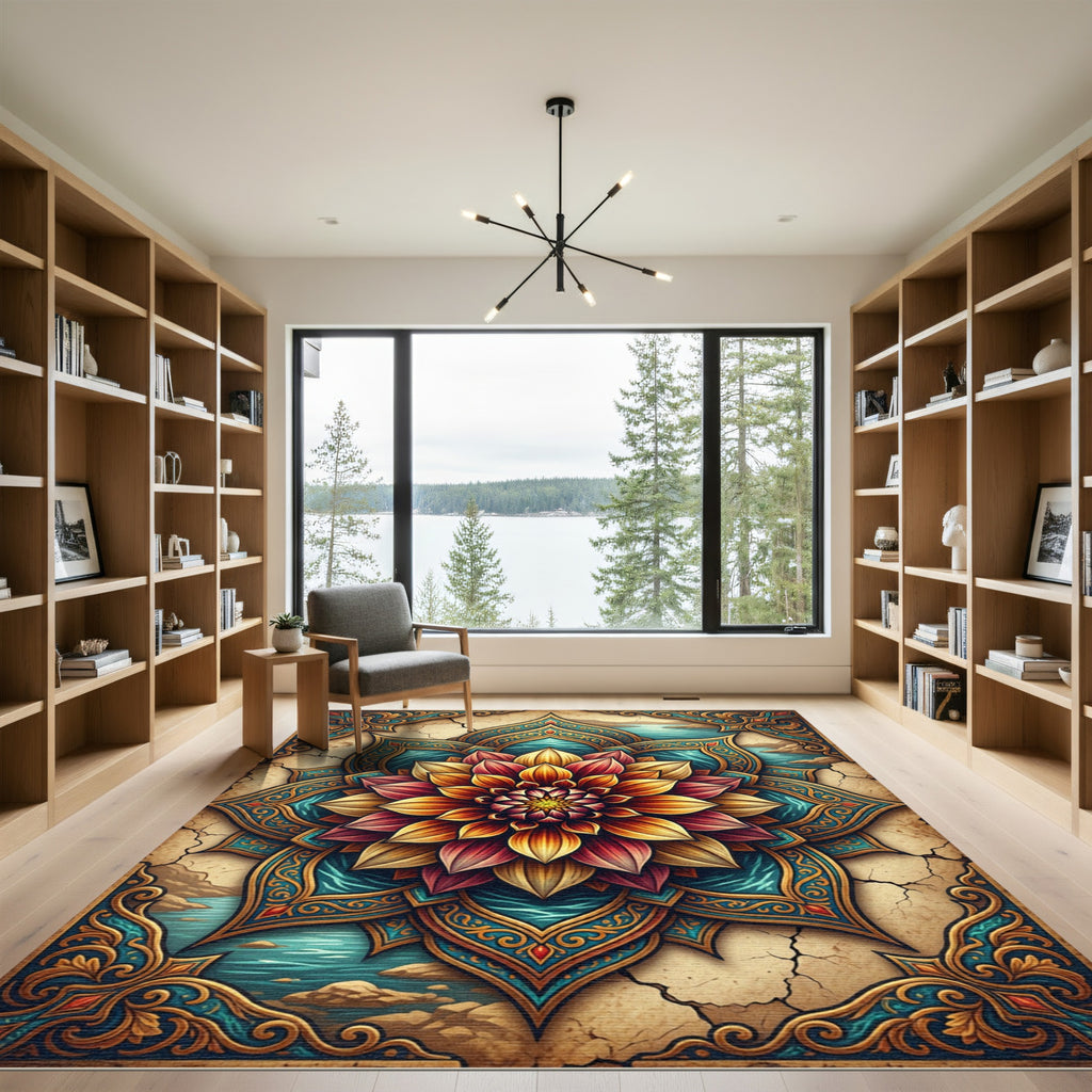 Radiant Floral Mandala Teal Gold Rug