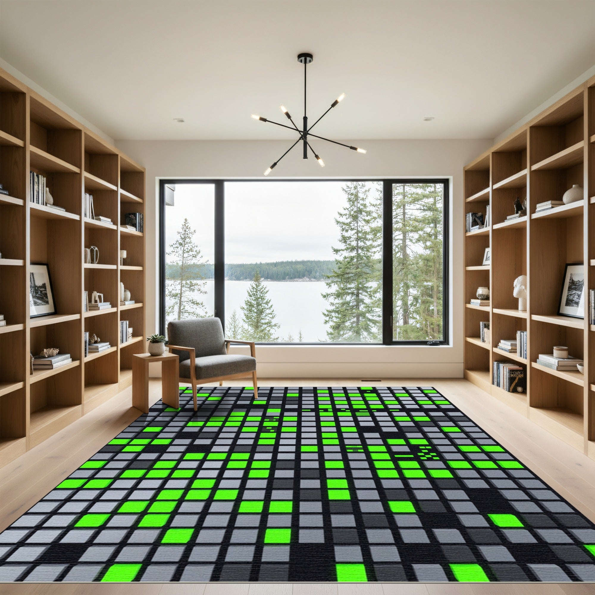 Neon Green Gray Digital Grid Rug