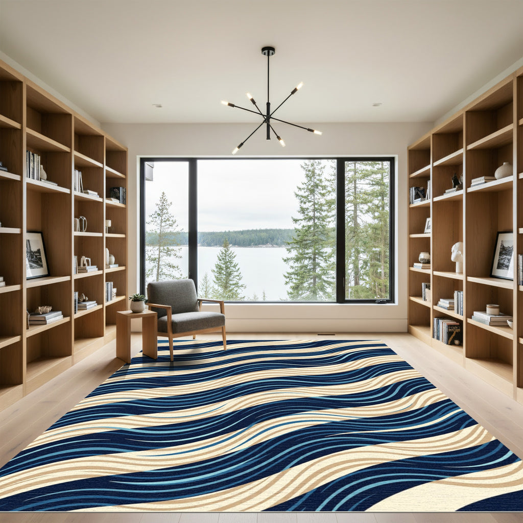 Modern Navy Beige Wavy Stripe Rug