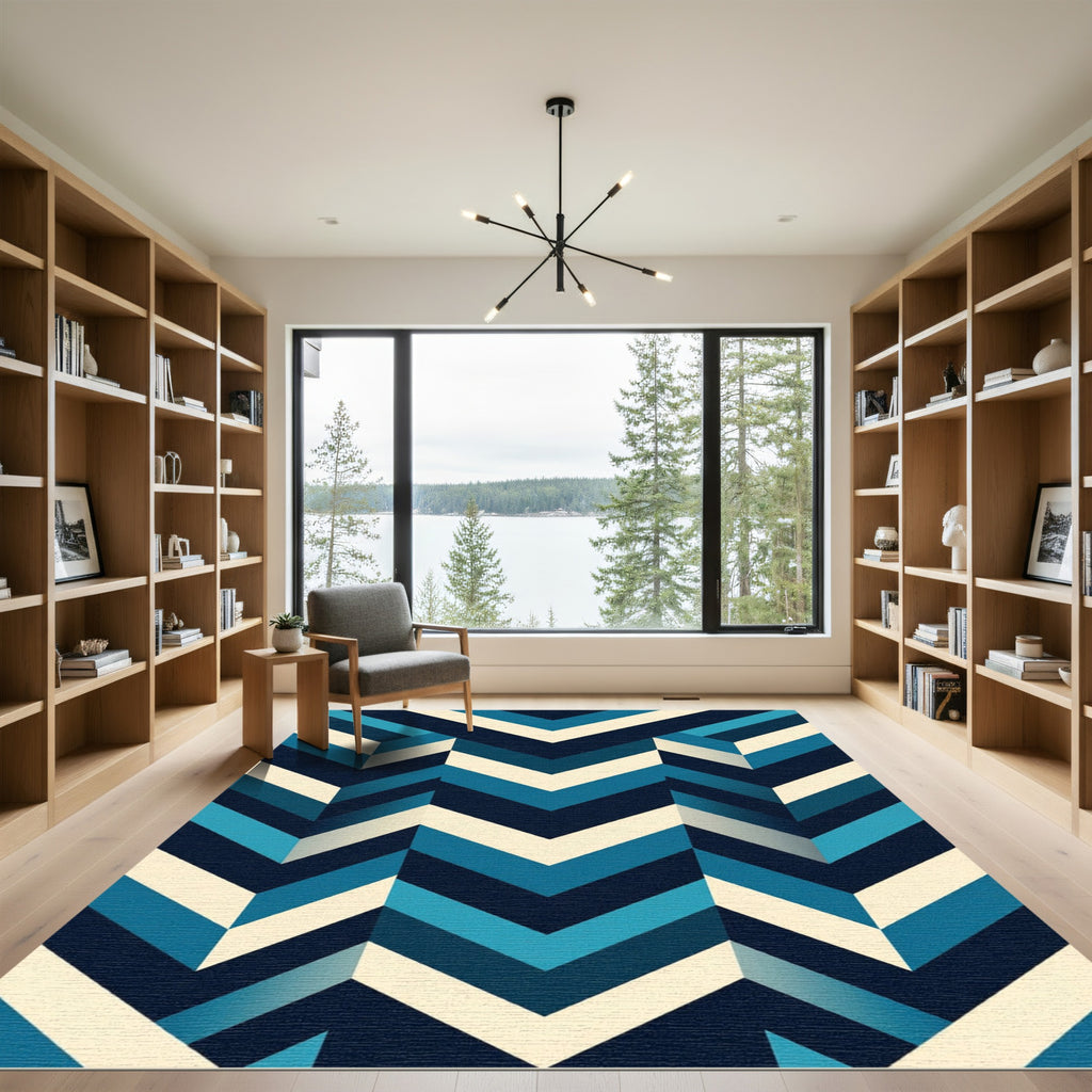 Modern Navy and Azure Chevron Geometric Rug