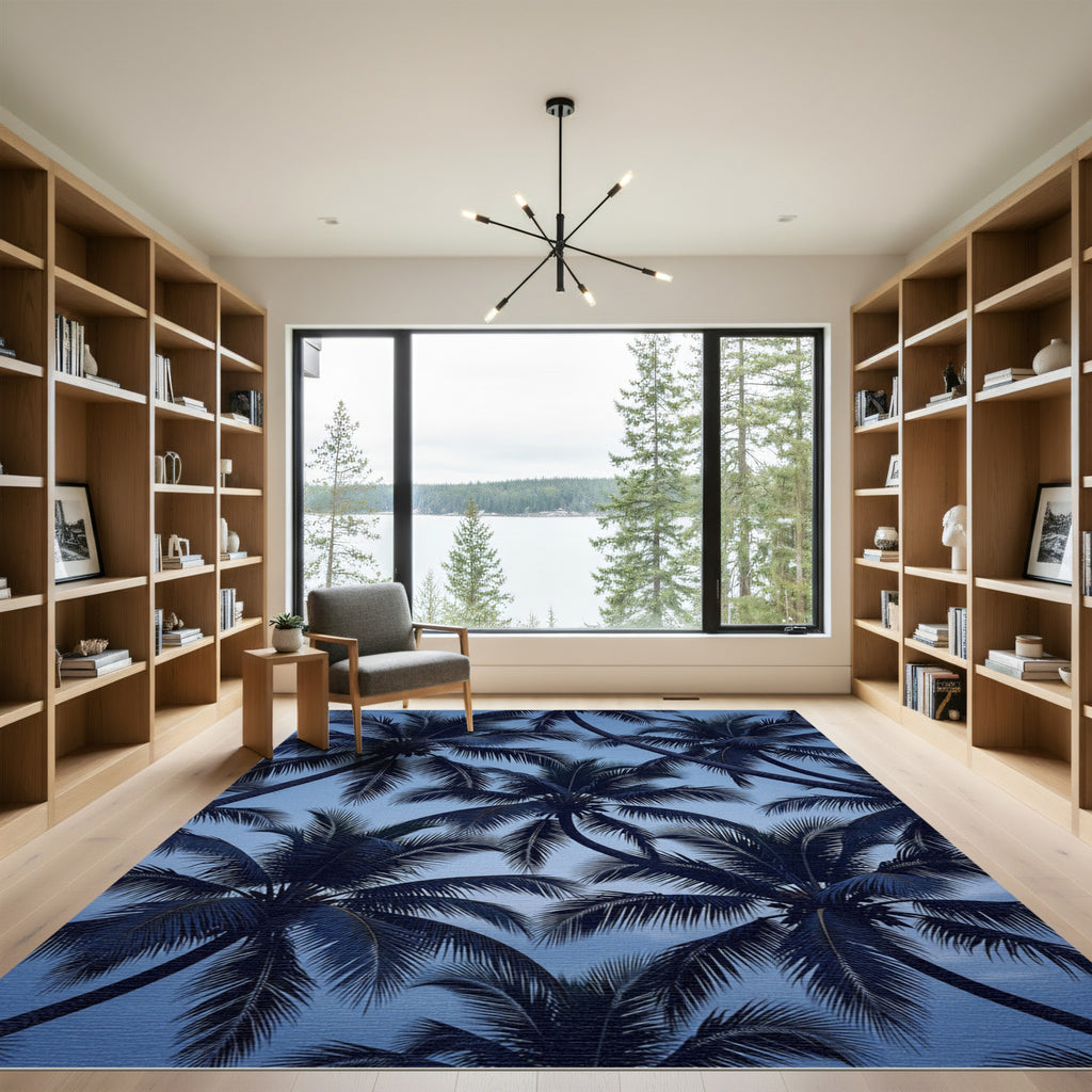 Deep Blue Palm Frond Canopy Rug
