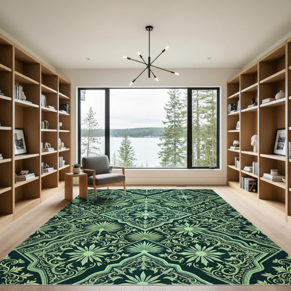 Dark Green Floral Arabesque Medallion Rug