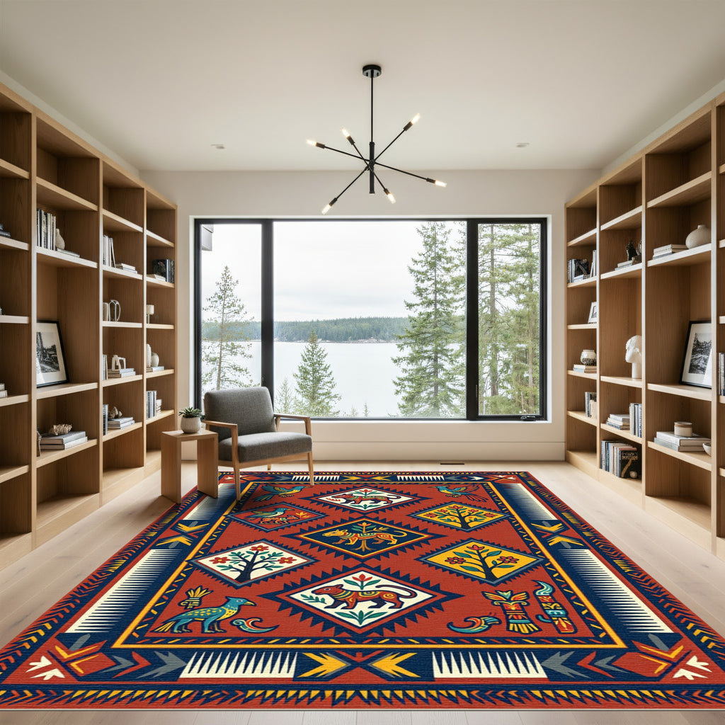 Vibrant Terracotta Animal Folk Diamond Rug