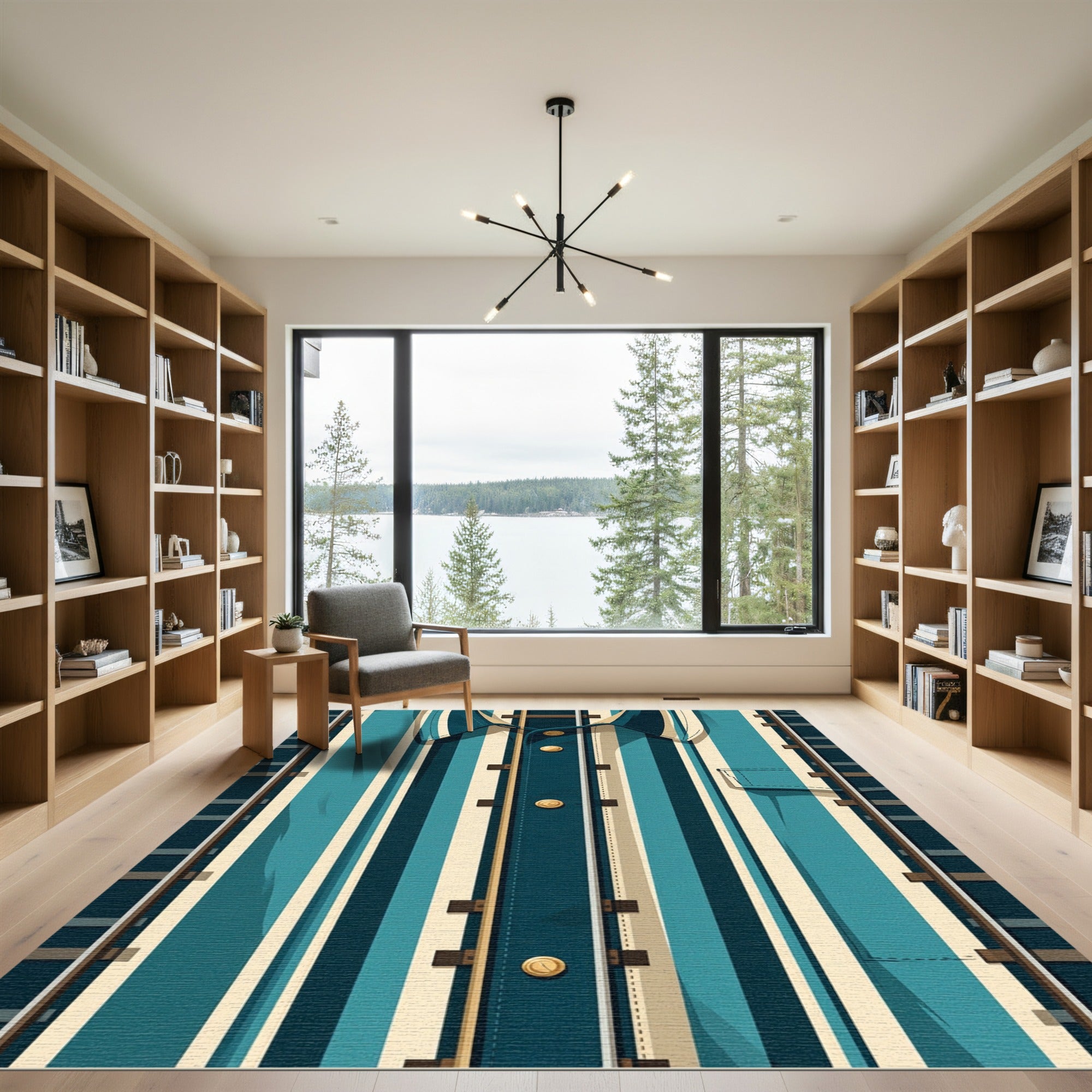 Teal Vertical Railway Stripe Abstract Art Rug