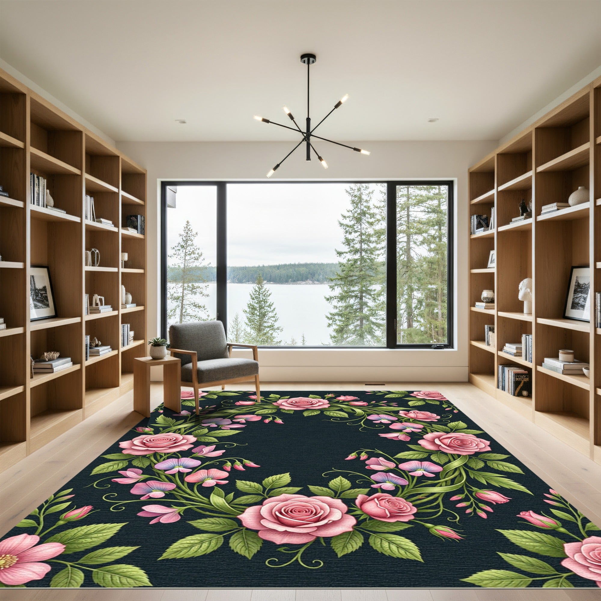 Romantic Pink Rose Sweet Pea Wreath Rug