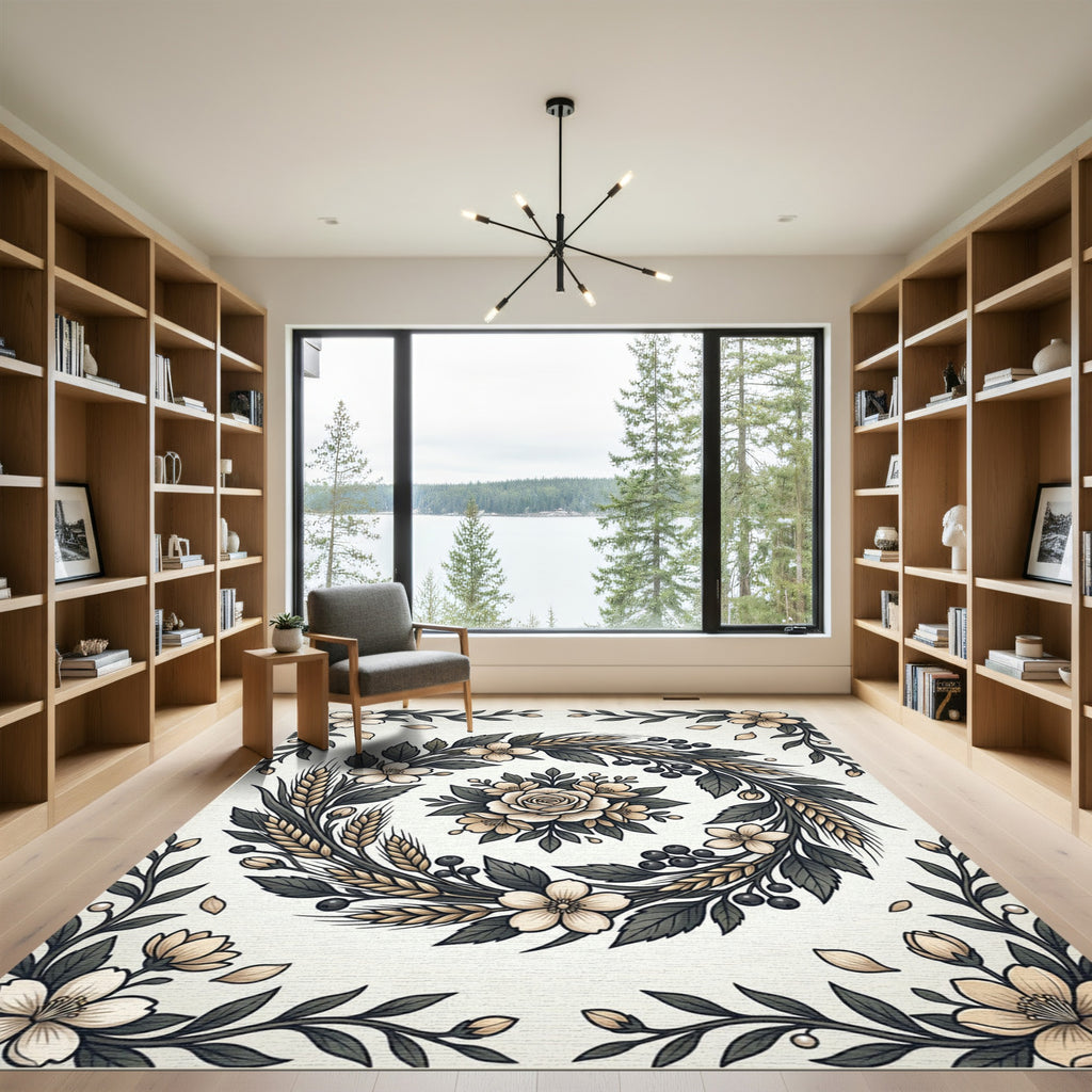 Cream Blossom Wheatreath Botanical Frame Rug