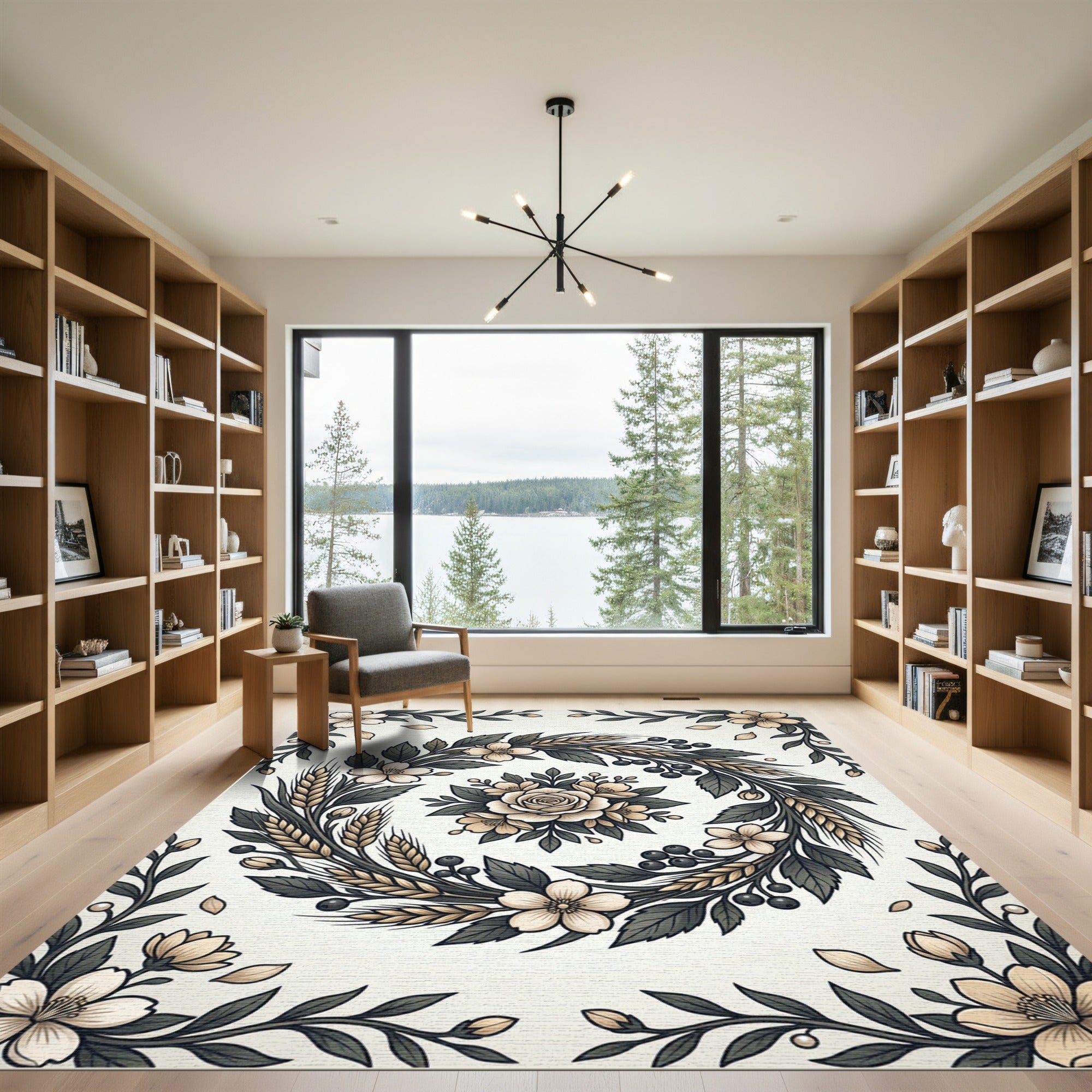 Cream Blossom Wheatreath Botanical Frame Rug