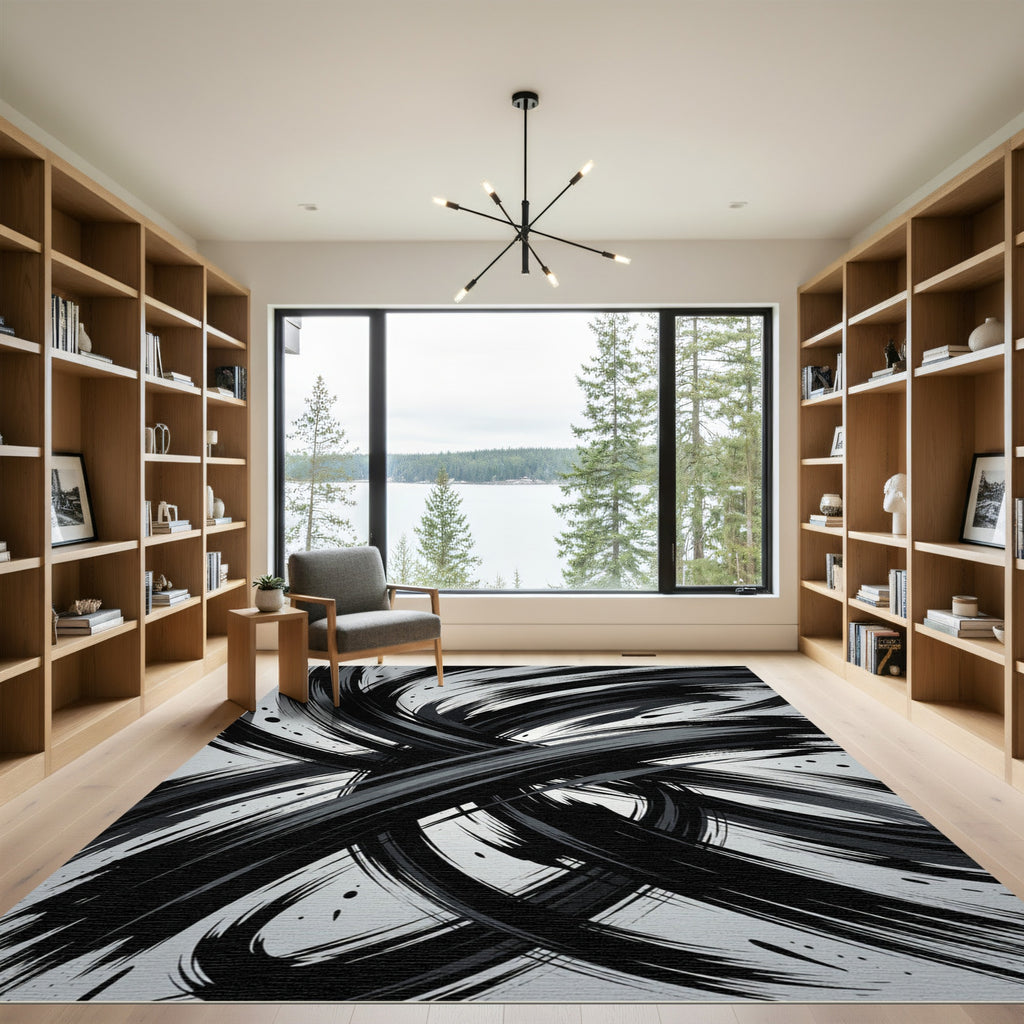 Bold Black Ink Brushstroke Swirl Rug