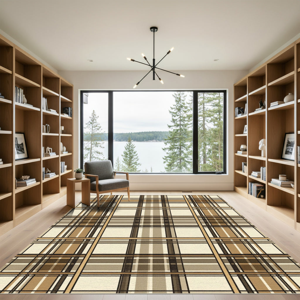 Sophisticated Neutral Plaid Grid Check Rug