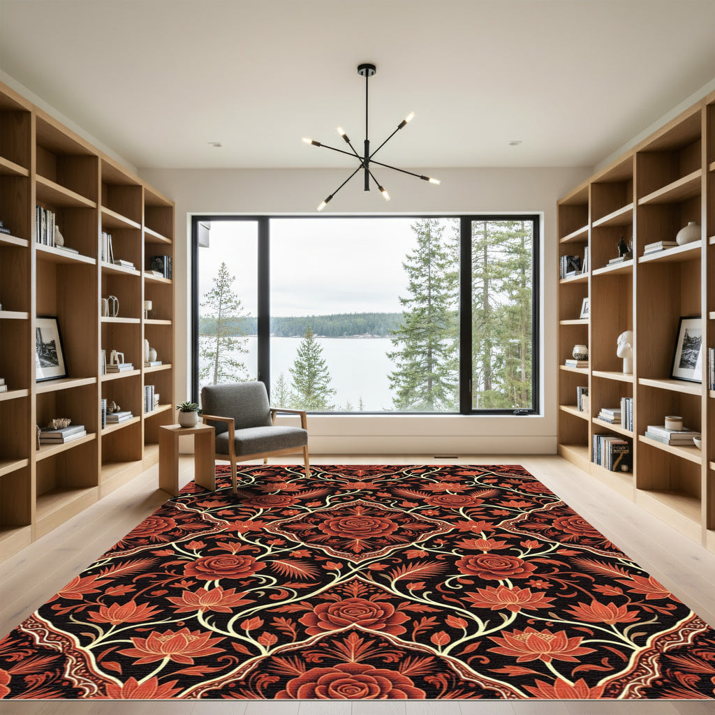 Rich Crimson Floral Vine Medallion Rug