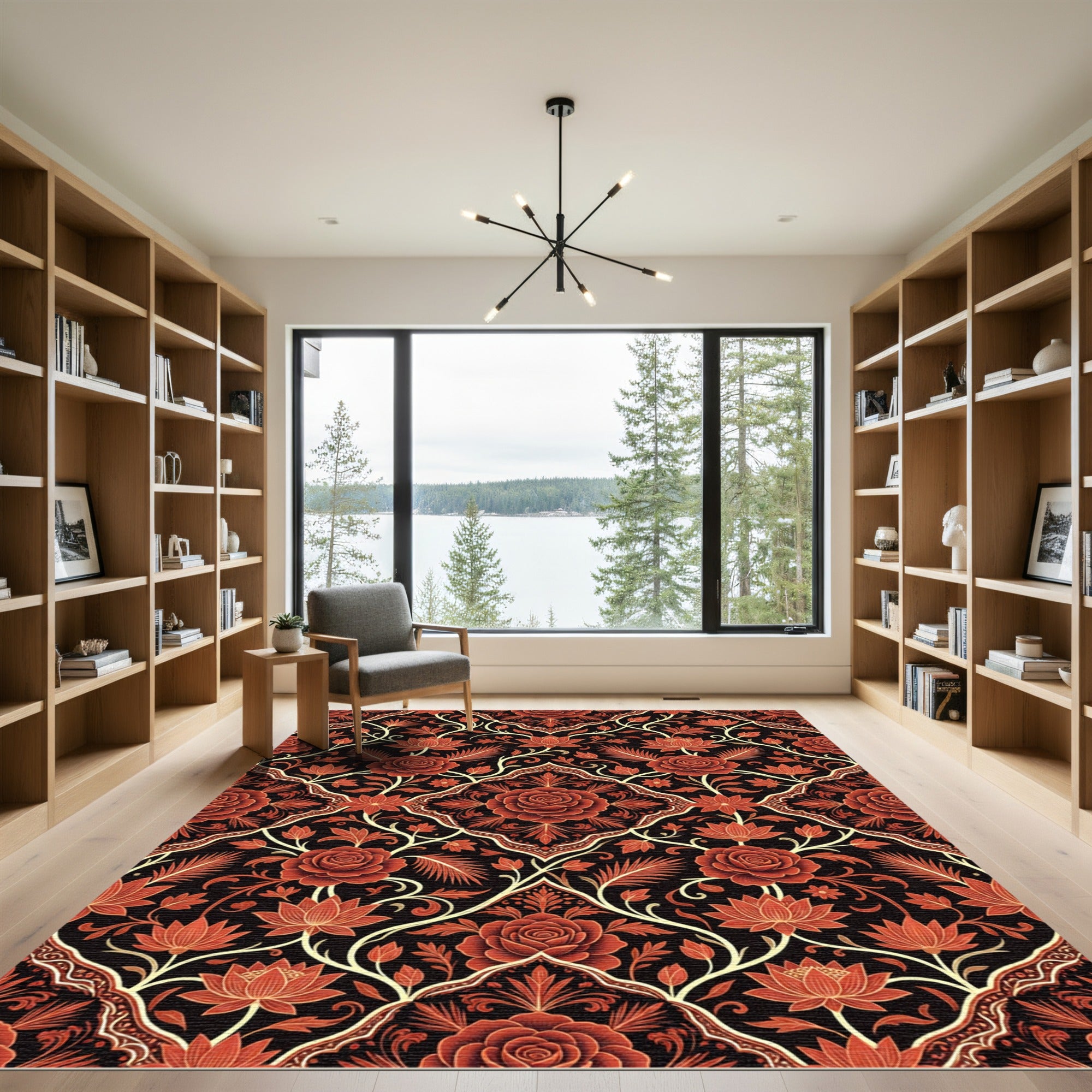 Rich Crimson Floral Vine Medallion Rug