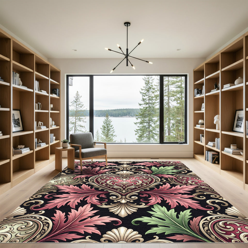 Ornamental Pink Heart Scrollwork Rug