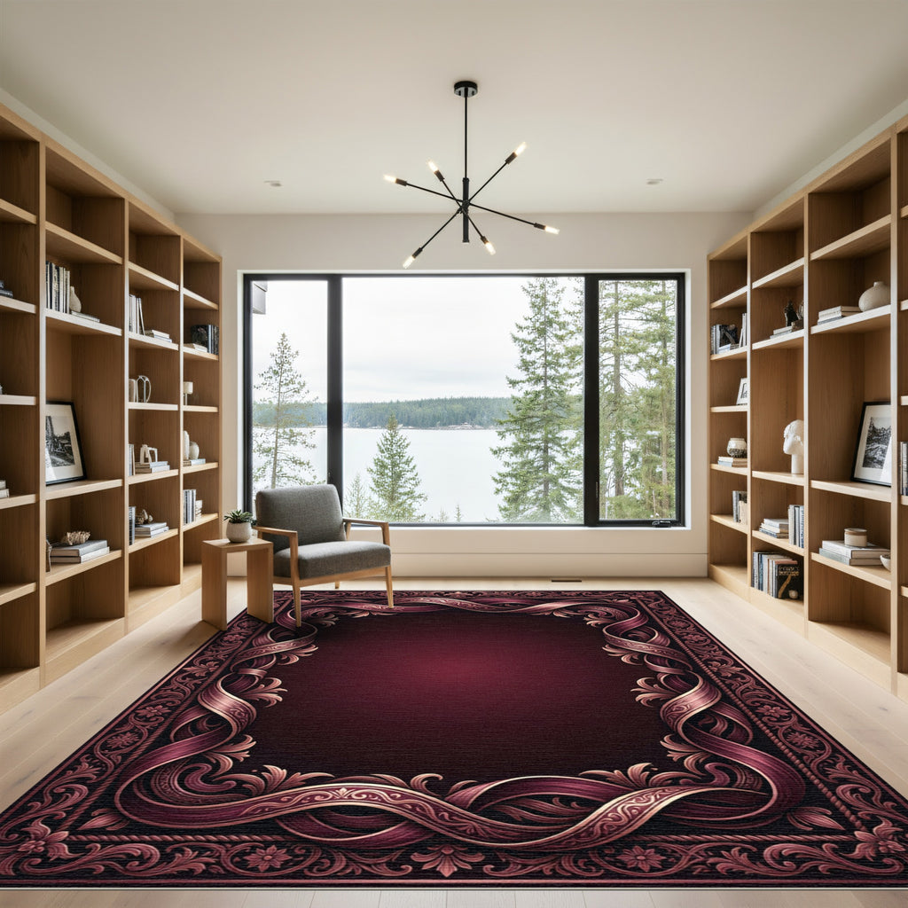 Ornate Burgundy Ribbon Scroll Border Rug