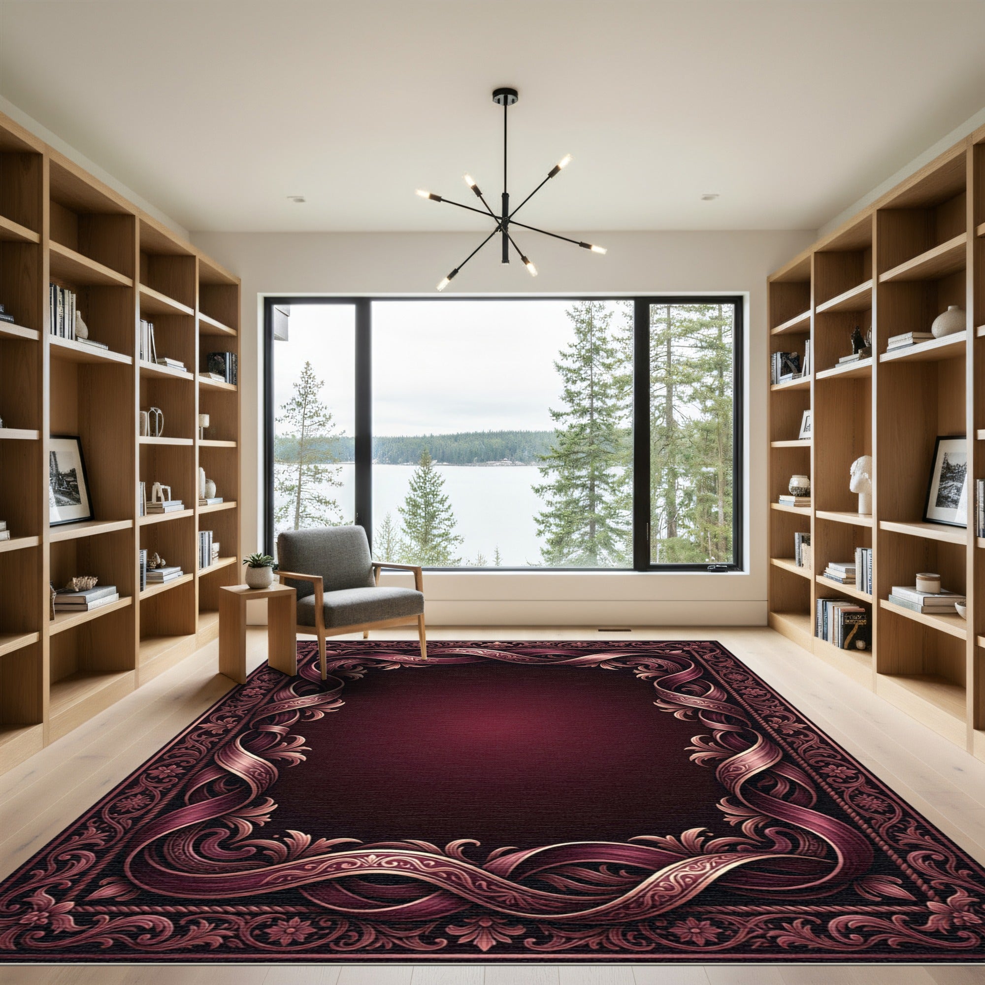 Ornate Burgundy Ribbon Scroll Border Rug
