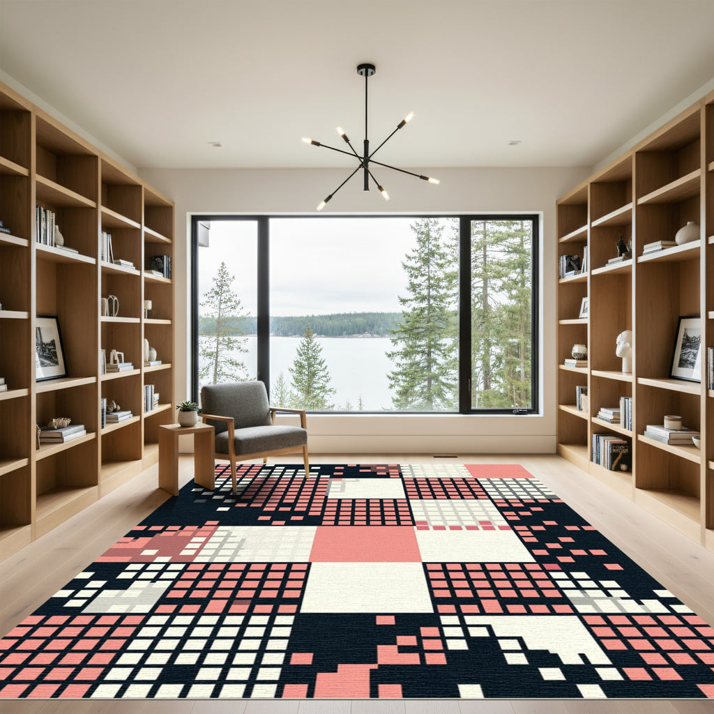 Modern Blush Pink Pixel Checkered Grid Rug