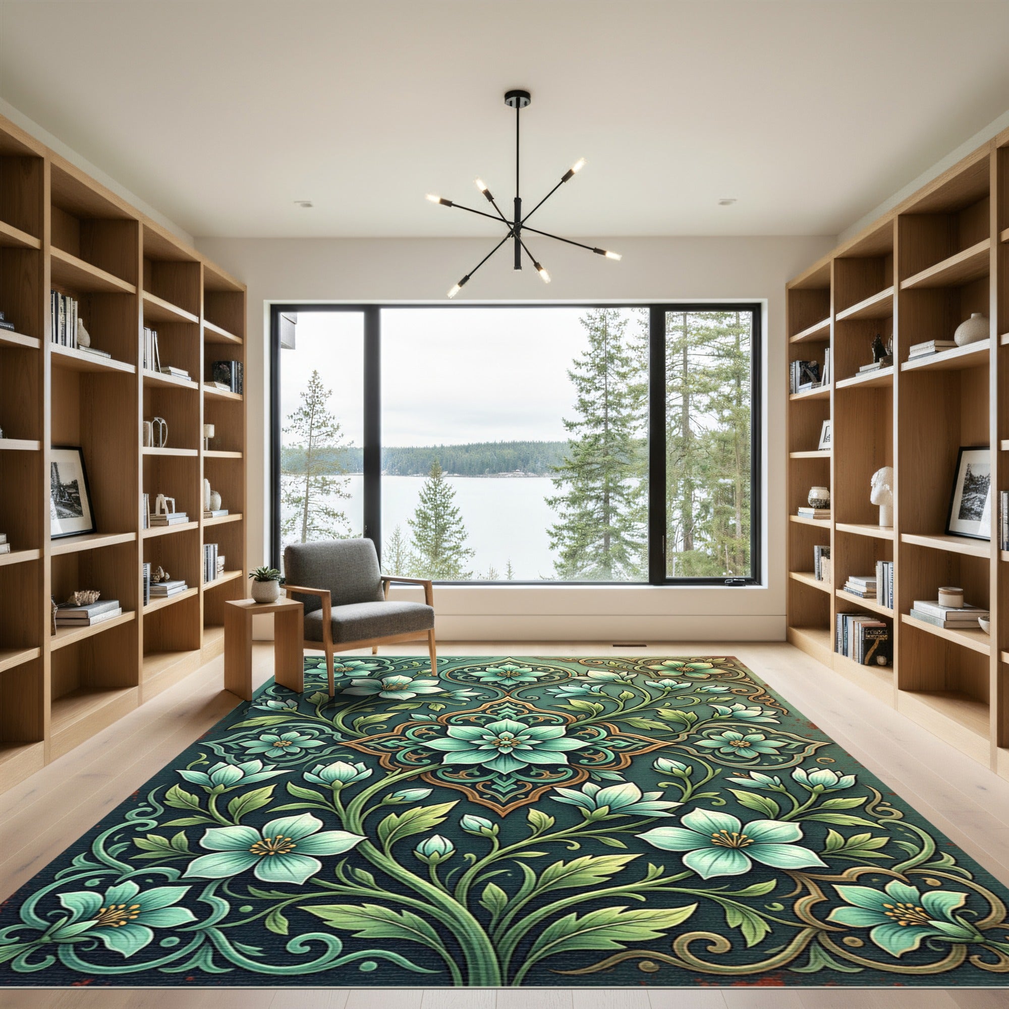 Elegant Teal Floral Vine Medallion Rug