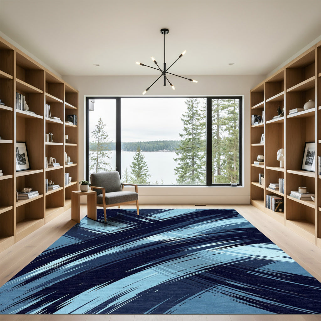 Deep Blue Abstract Brush Stroke Rug