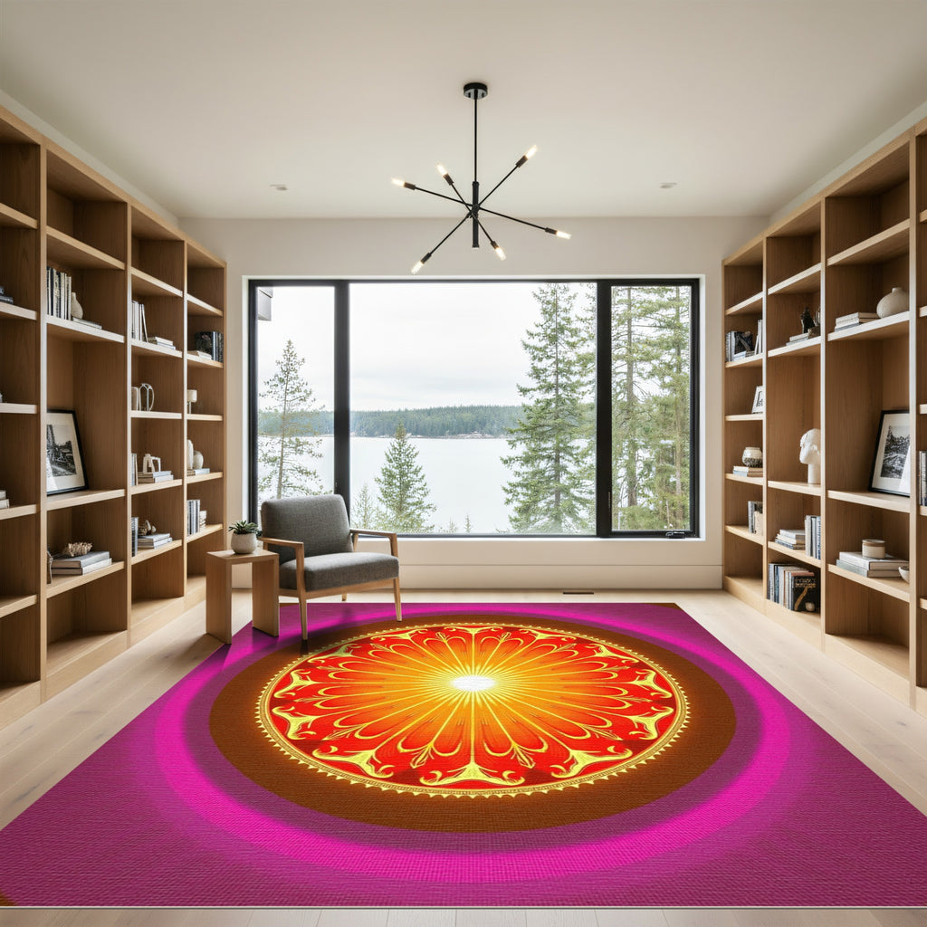 Radiant Sunburst Mandala Crimson Gold Rug