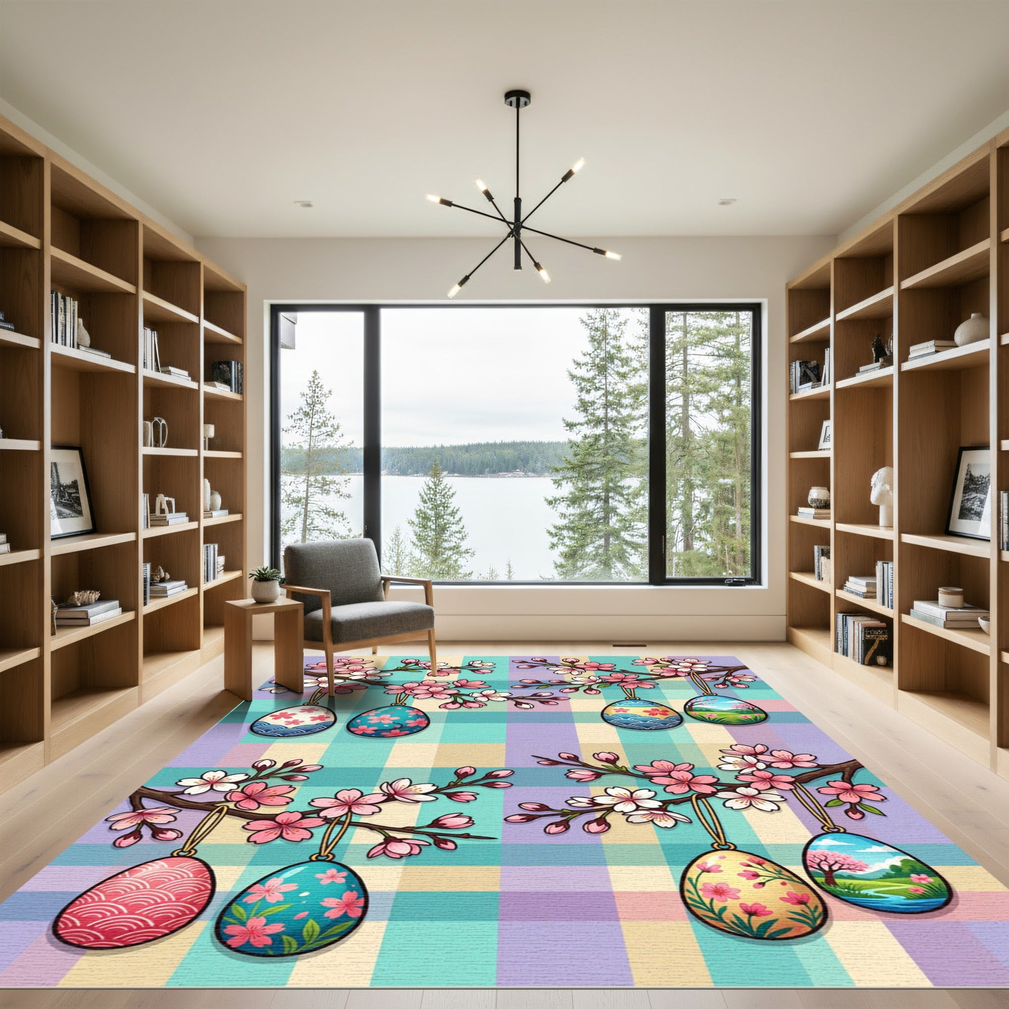 Pastel Plaid Cherry Blossom Easter Egg Rug