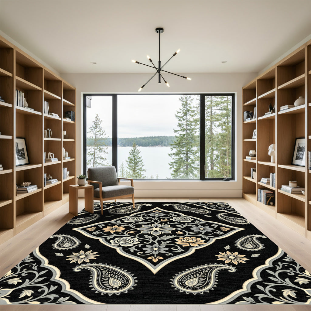 Elegant Black Gold Floral Paisley Medallion Rug
