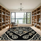 Elegant Black Gold Floral Paisley Medallion Rug