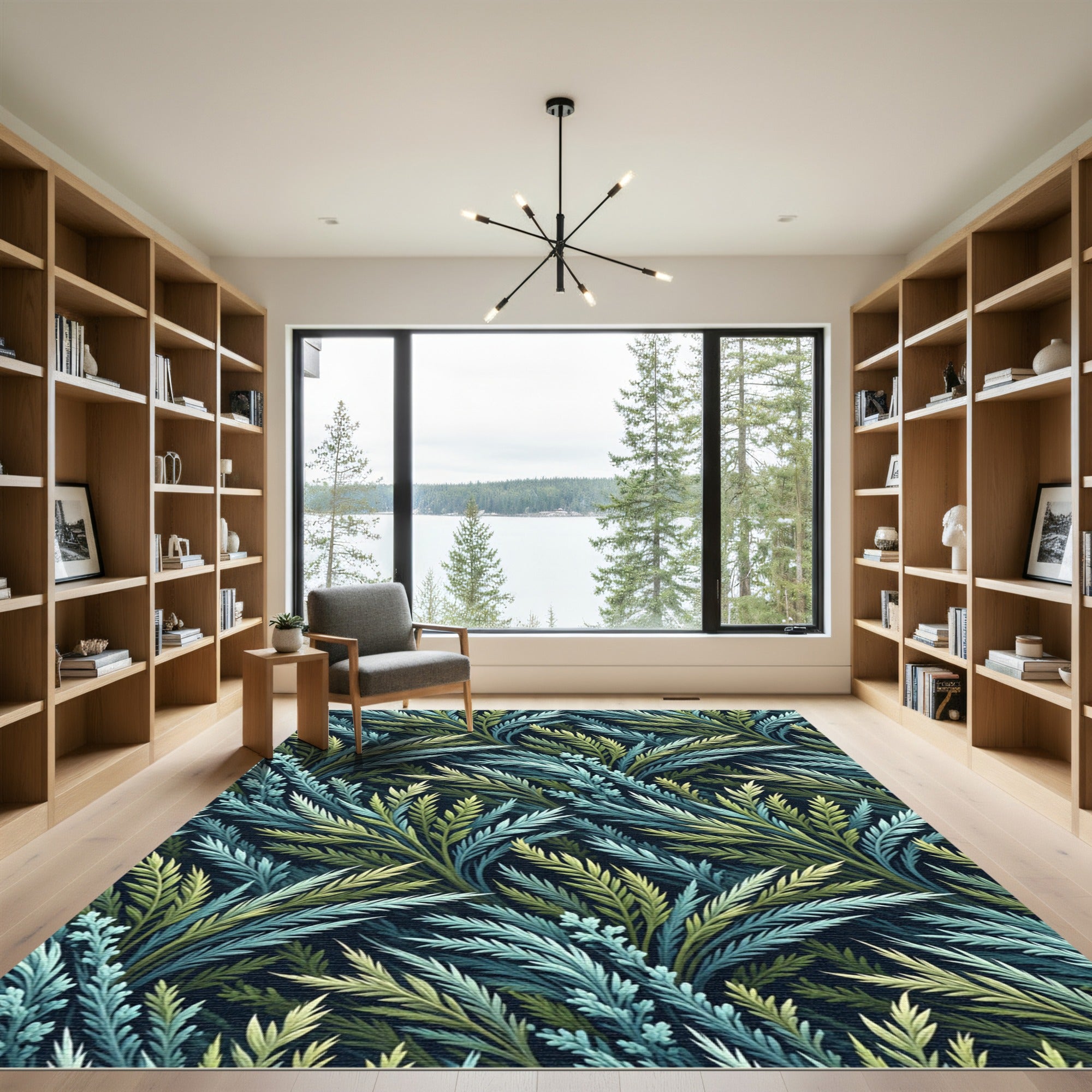 Lush Teal and Sage Botanical Fern Rug