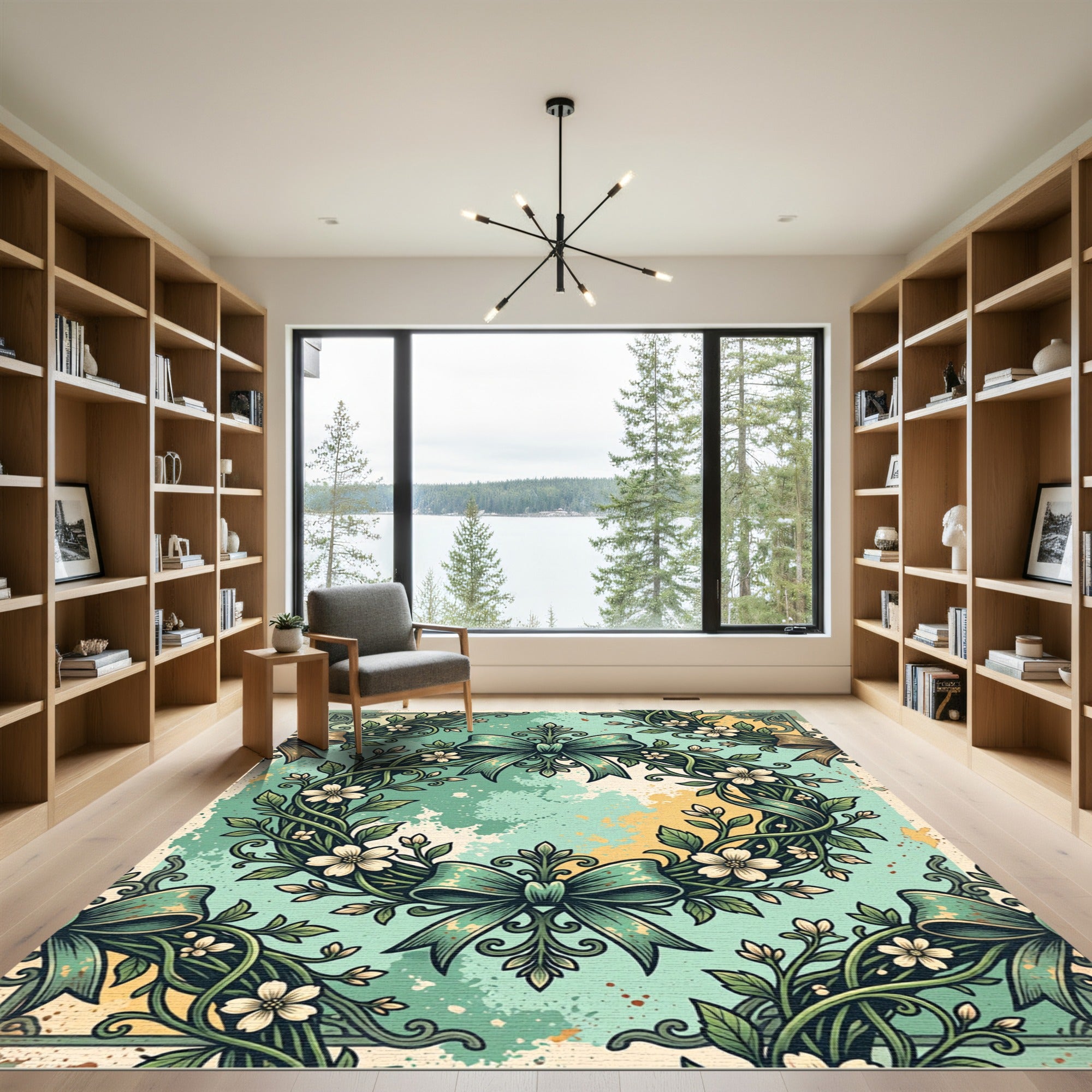 Vintage Sage Floral Wreath Bows Rug