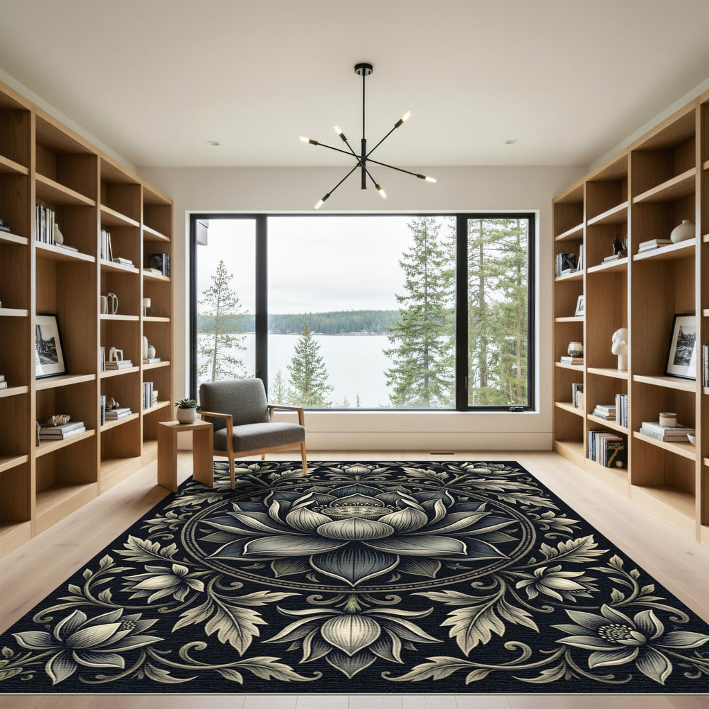 Monochromatic Floral Mandala Lotus Rug