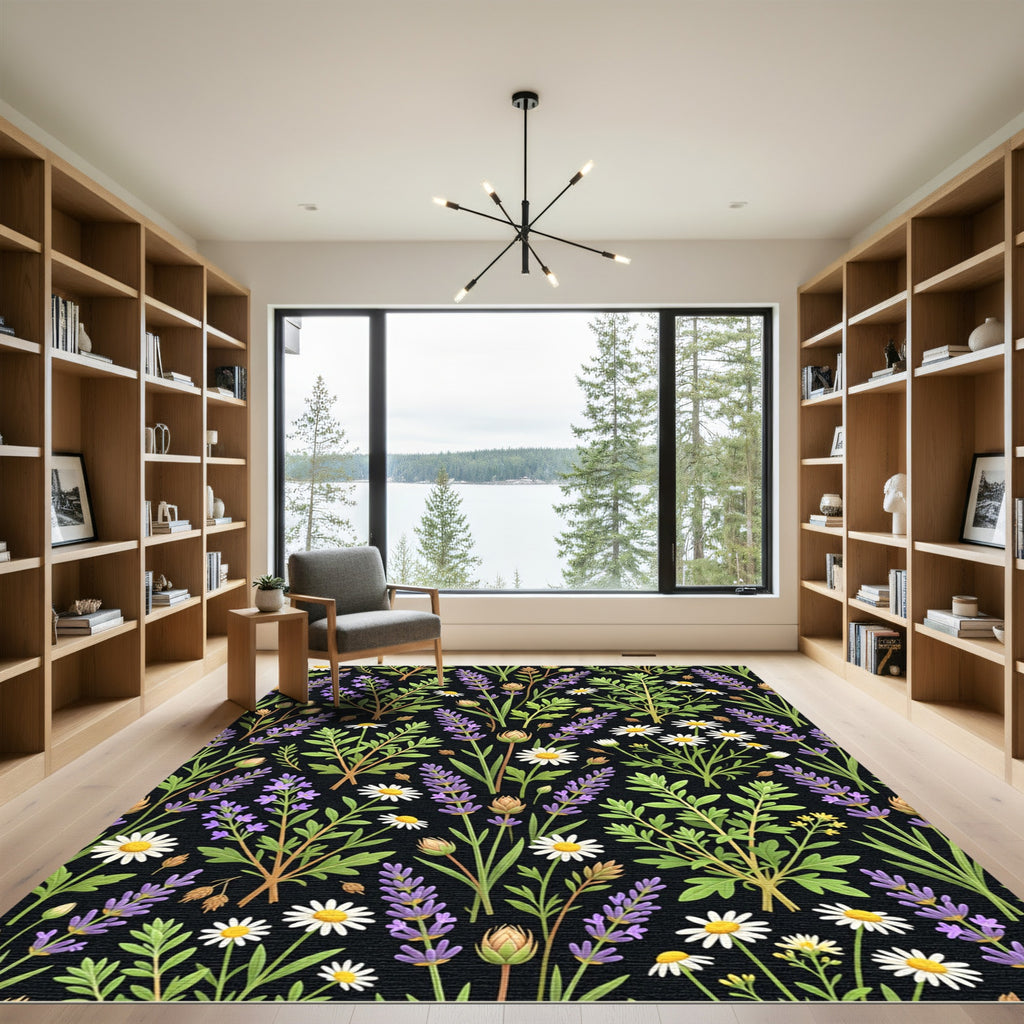 Black Lavender Daisy Garden Arrangement Rug