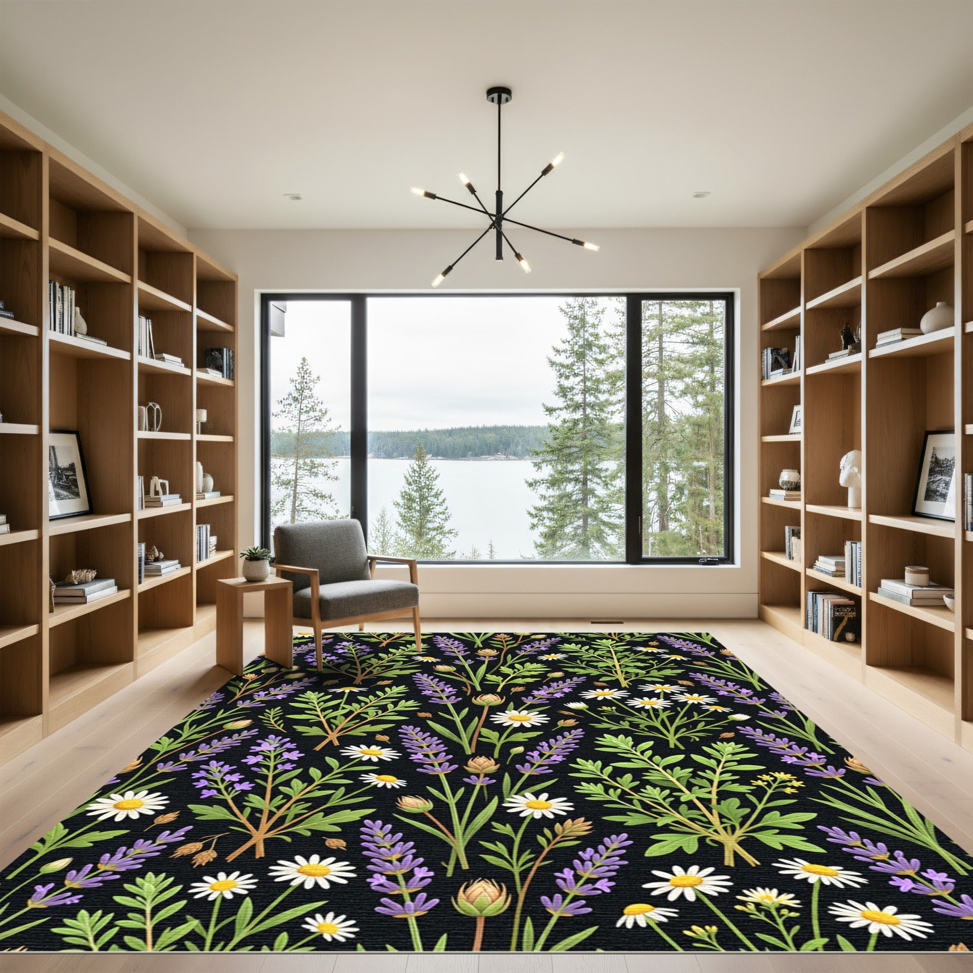 Black Lavender Daisy Garden Arrangement Rug