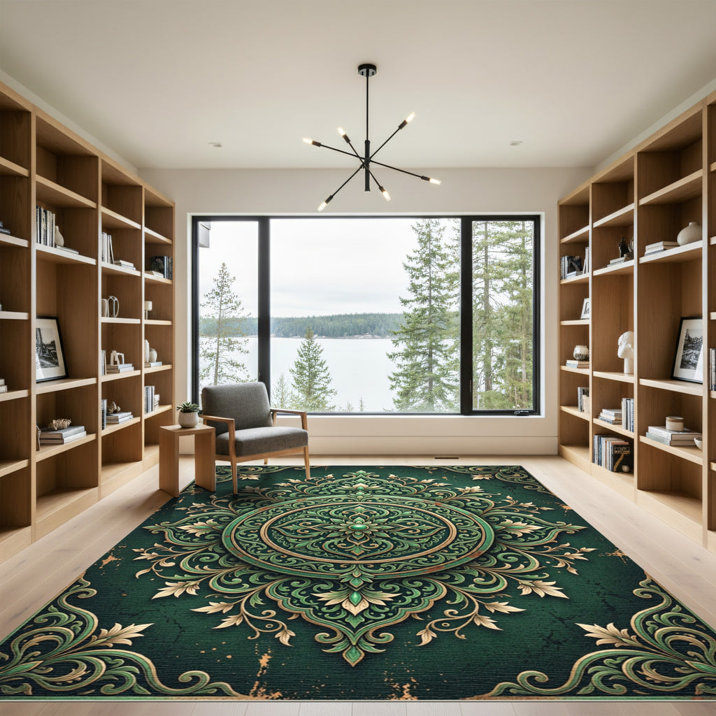 Elegant Emerald Ornate Floral Medallion Rug