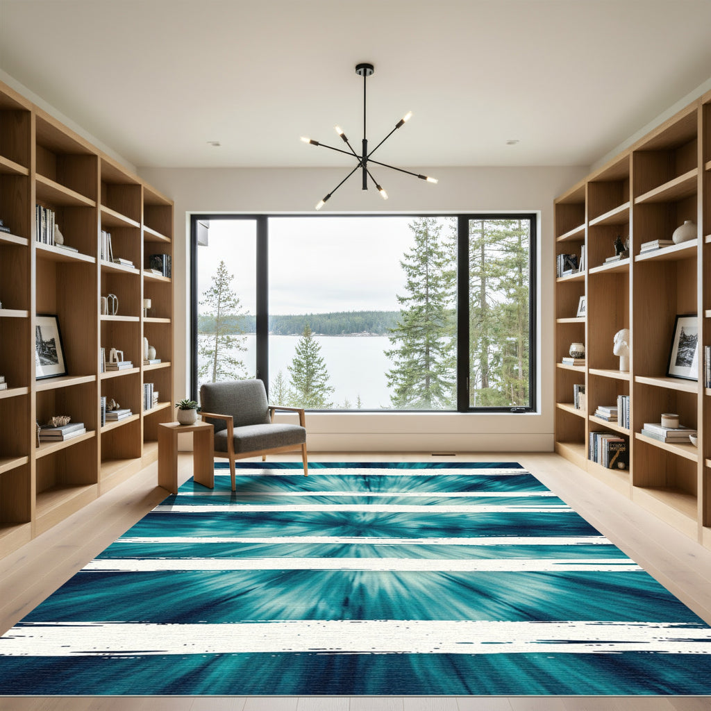 Teal Sunburst Abstract Horizontal Stripe Rug
