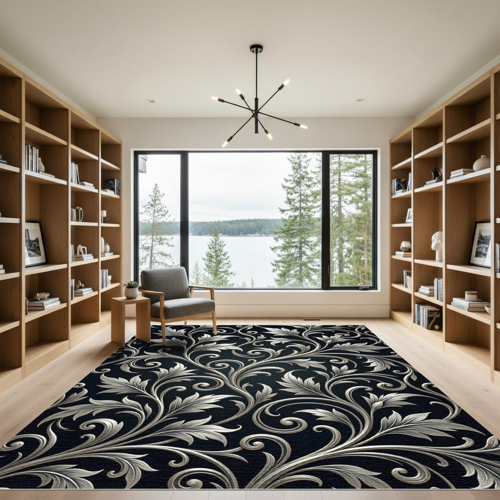 Silver Floral Scrollwork on Dark Background Rug