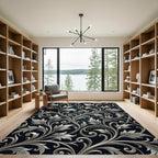 Silver Floral Scrollwork on Dark Background Rug
