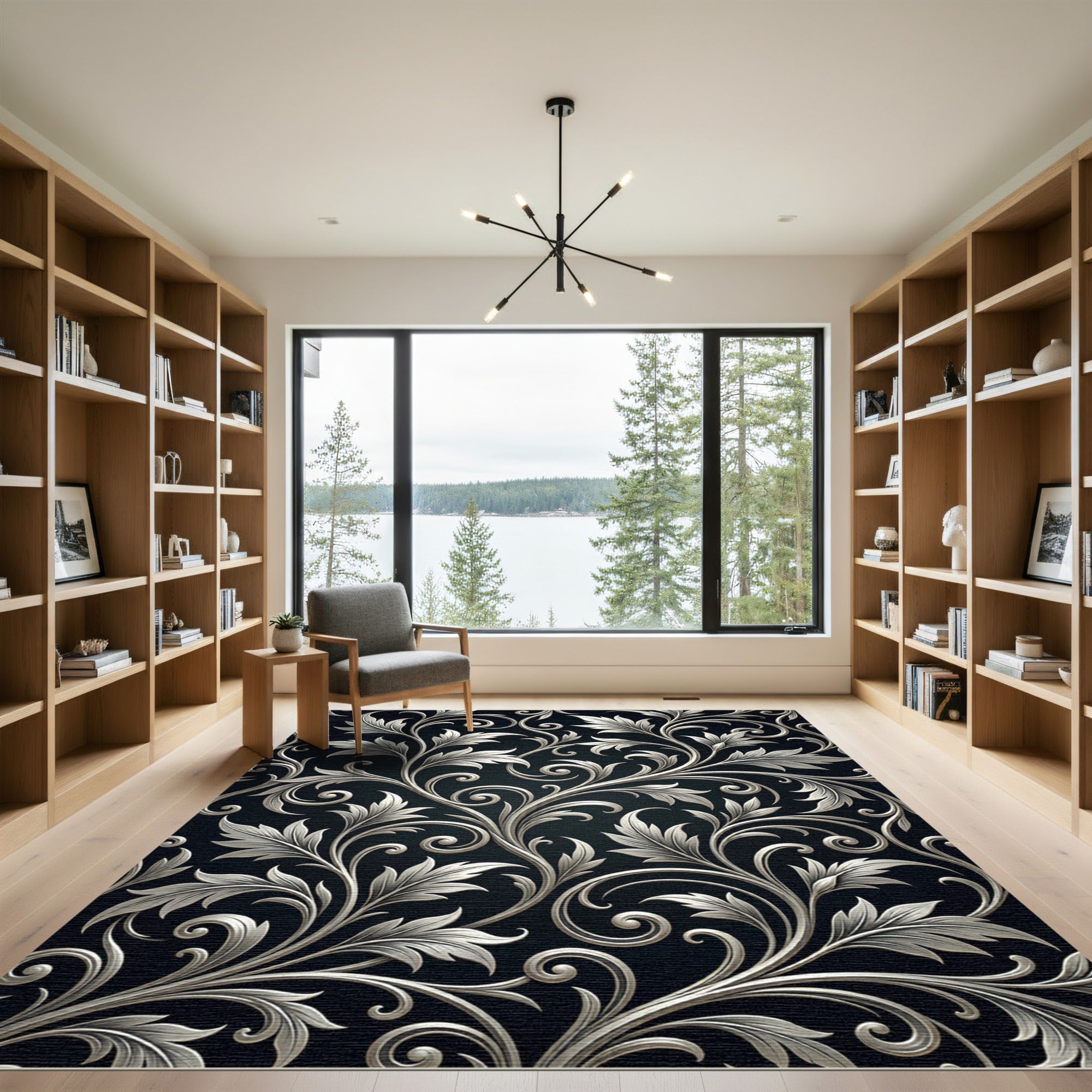 Silver Floral Scrollwork on Dark Background Rug