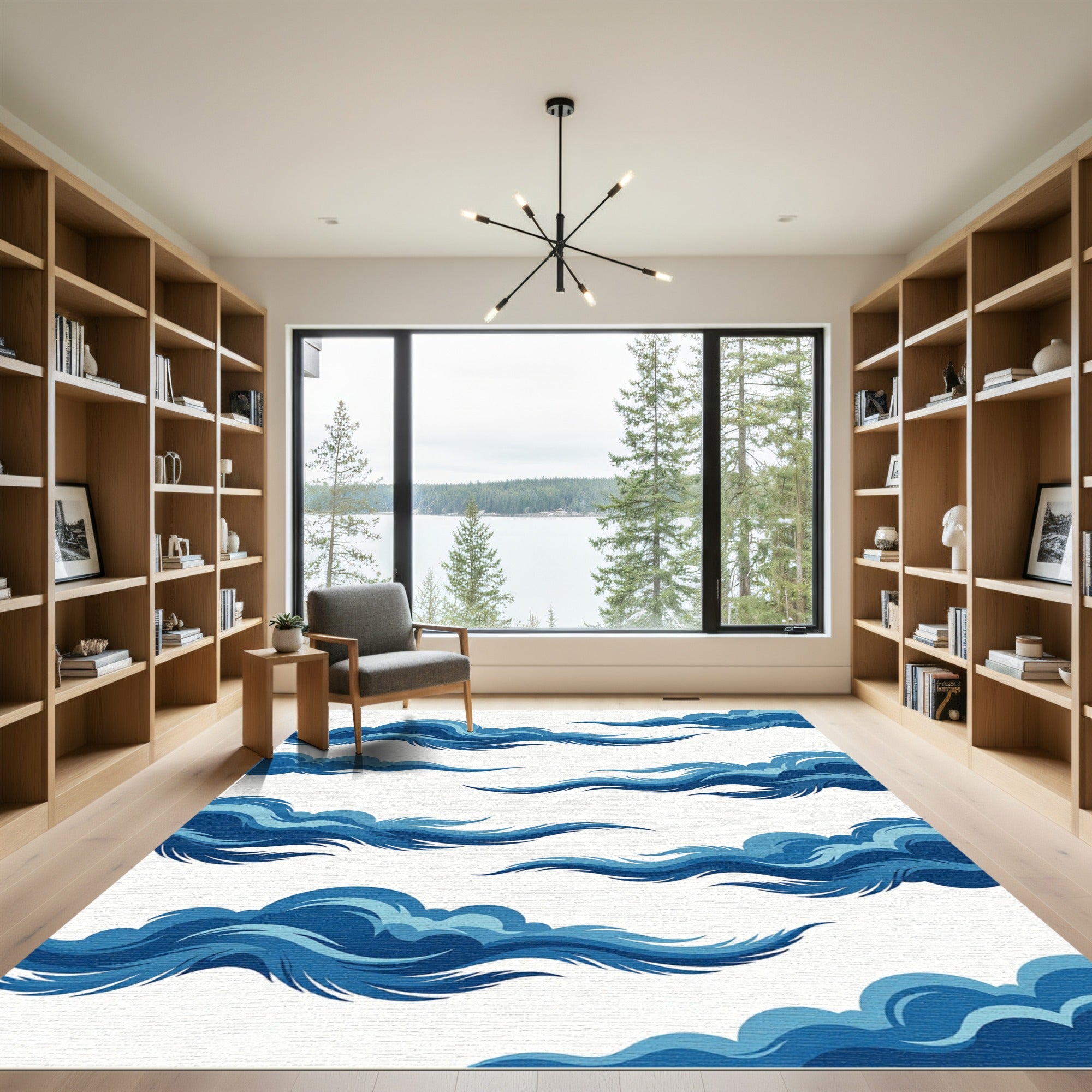 Elegant Swirling Navy Blue Cloudscape Rug