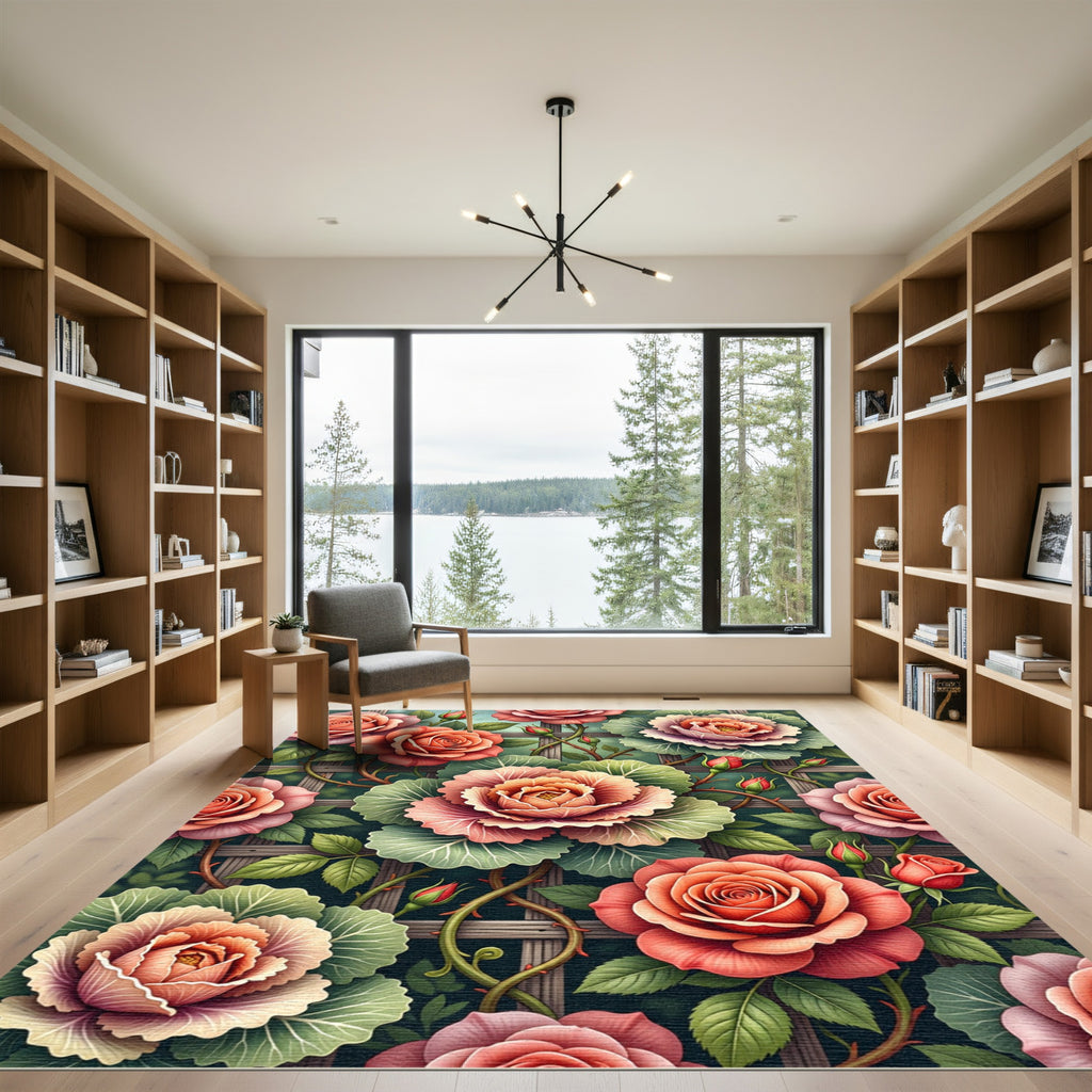 Romantic Peach Rose Cabbage Garden Rug