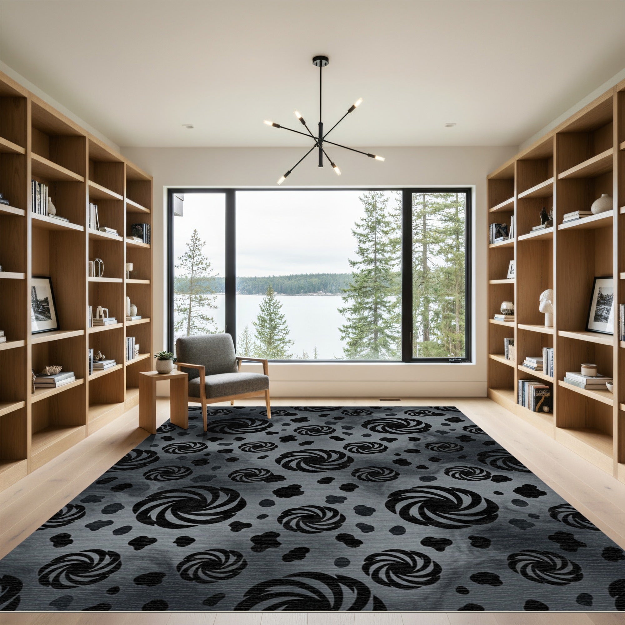 Monochrome Swirling Vortex Galaxy Black Rug