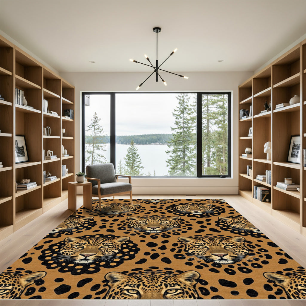 Golden Leopard Face Animal Spot Illustration Rug
