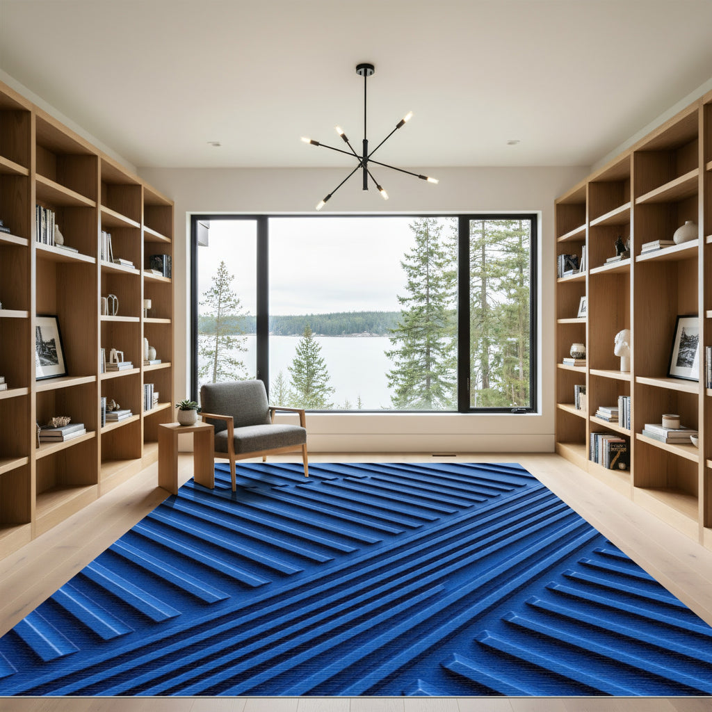 Modern Cobalt Blue Geometric Relief Rug