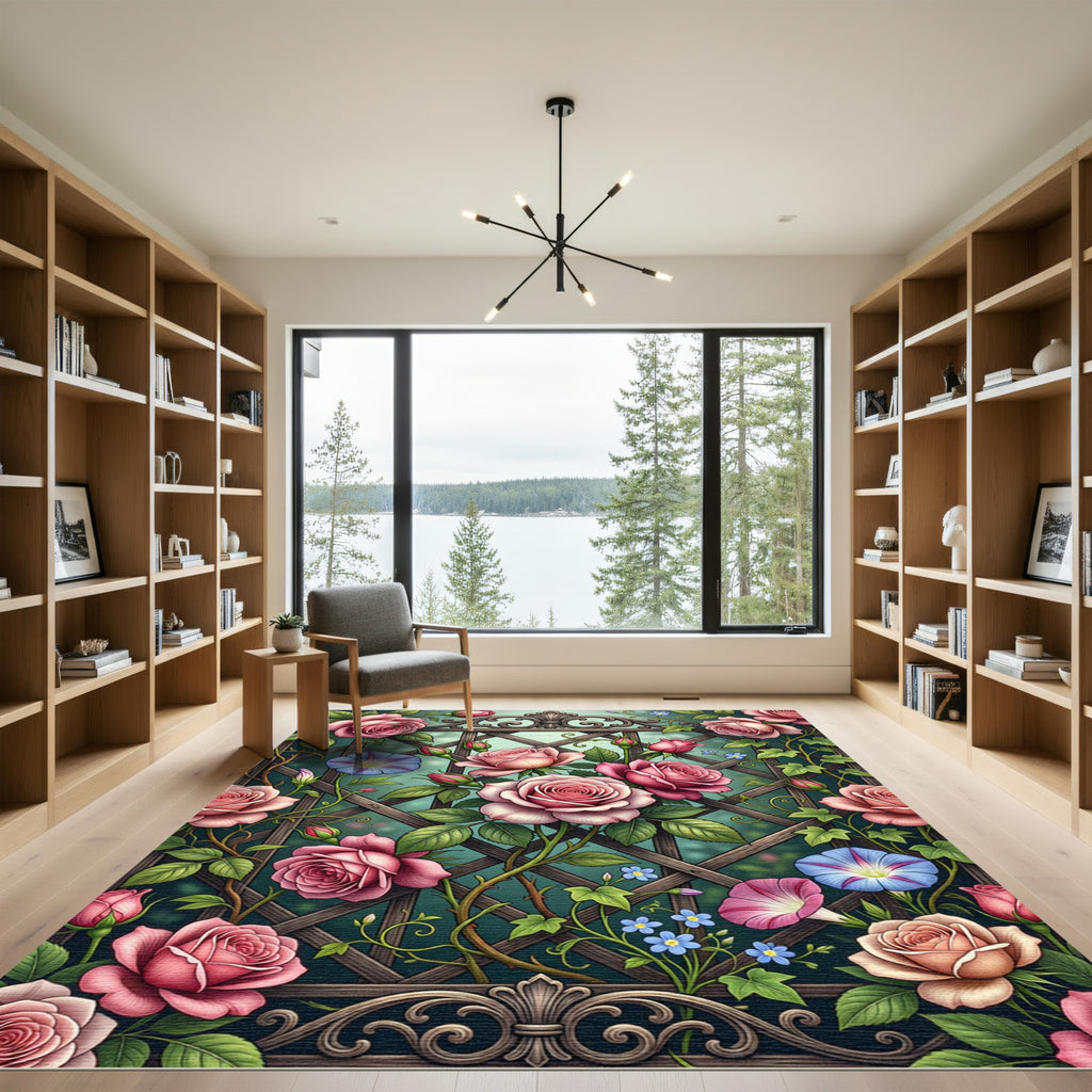 Romantic Pink Rose Trellis Floral Rug