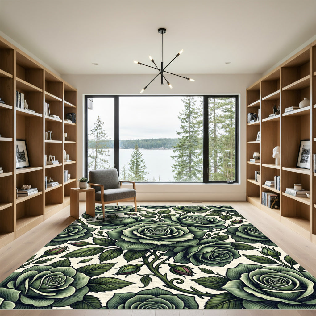 Elegant Sage Green Rose Floral Illustration Rug