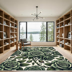 Elegant Sage Green Rose Floral Illustration Rug