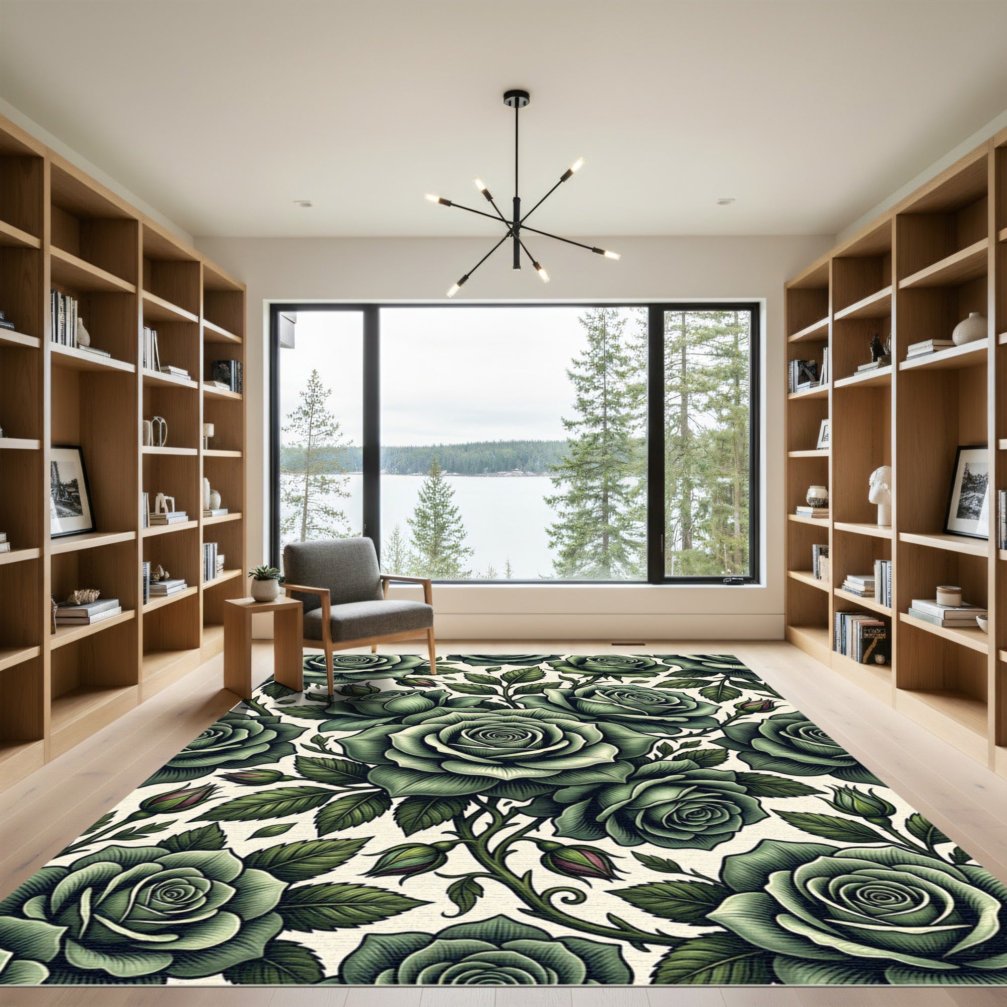 Elegant Sage Green Rose Floral Illustration Rug