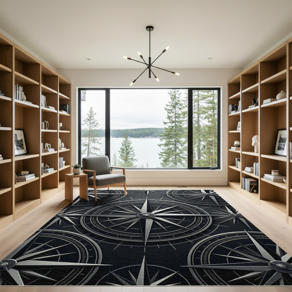 Monochromatic Metallic Compass Nautical Rug