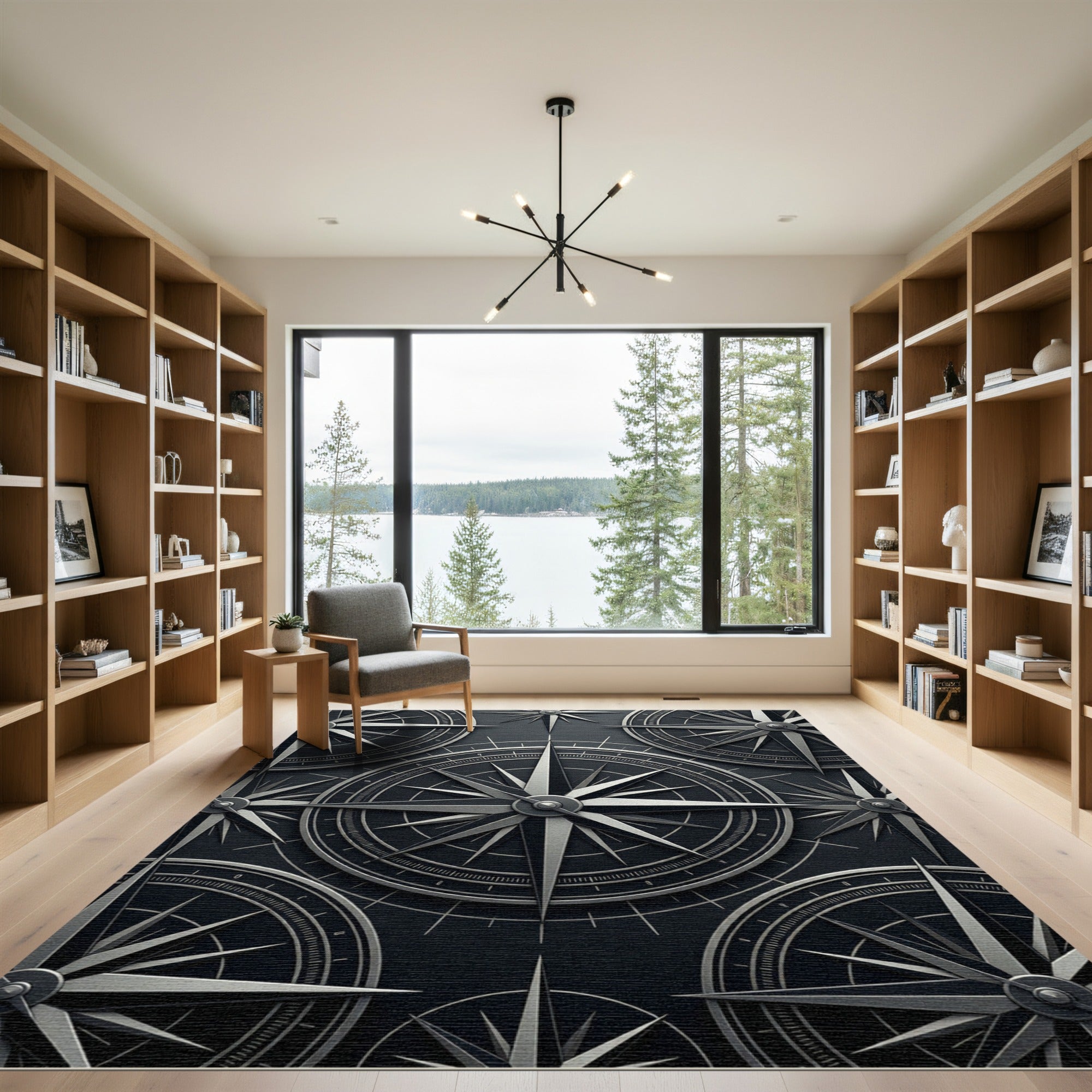 Monochromatic Metallic Compass Nautical Rug