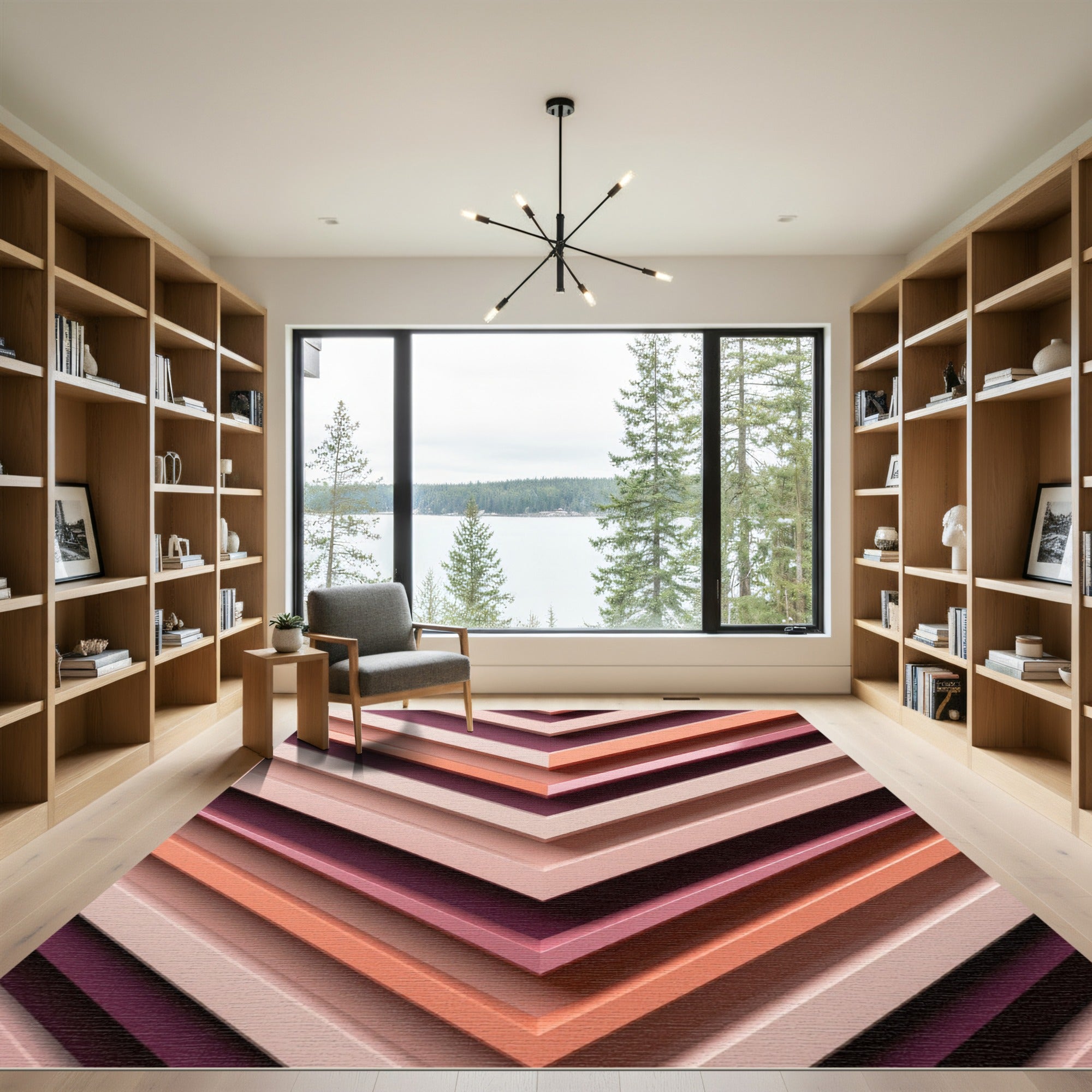 Coral Pink Geometric Chevron Layers Rug