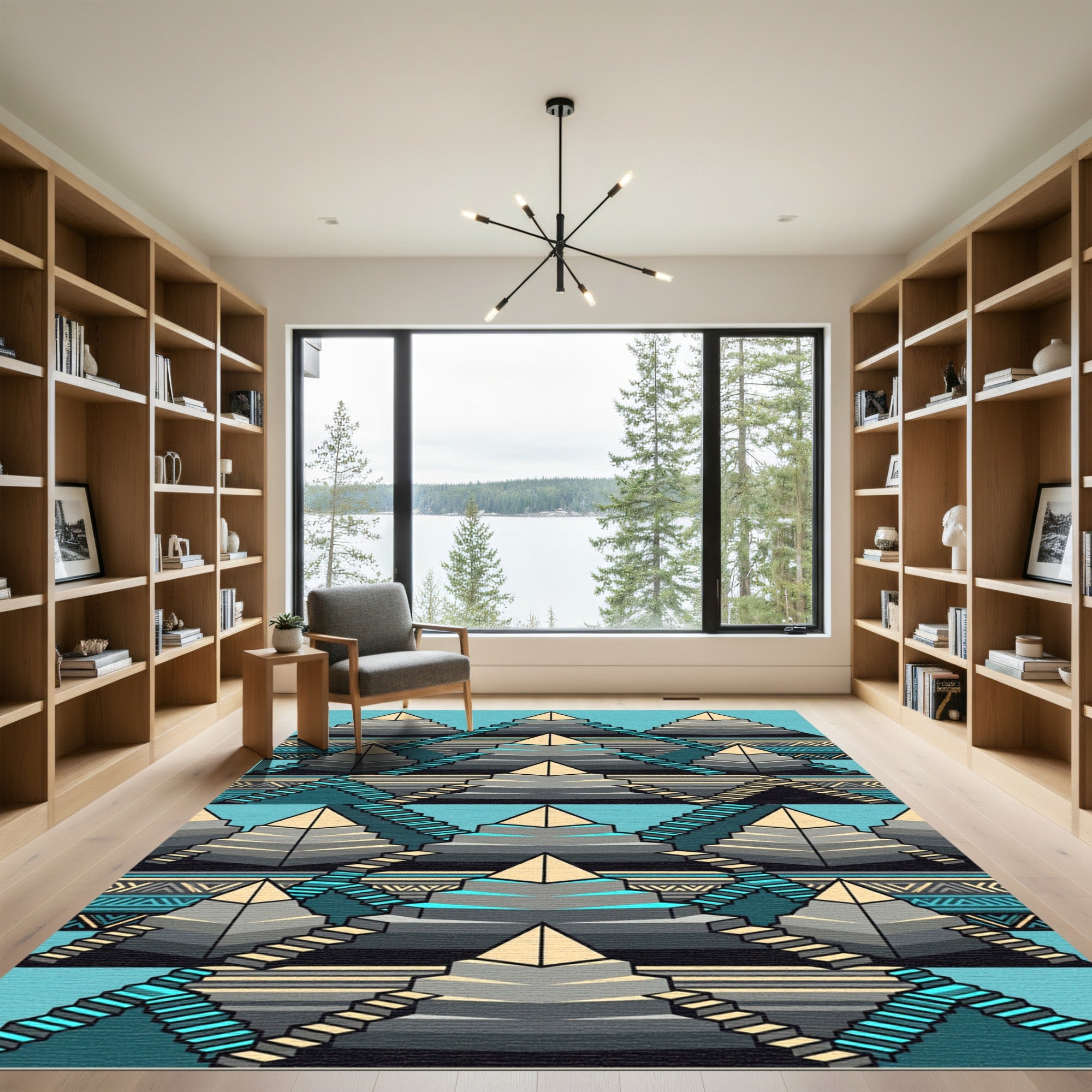 Geometric Aztec Teal Staircase Pyramid Rug
